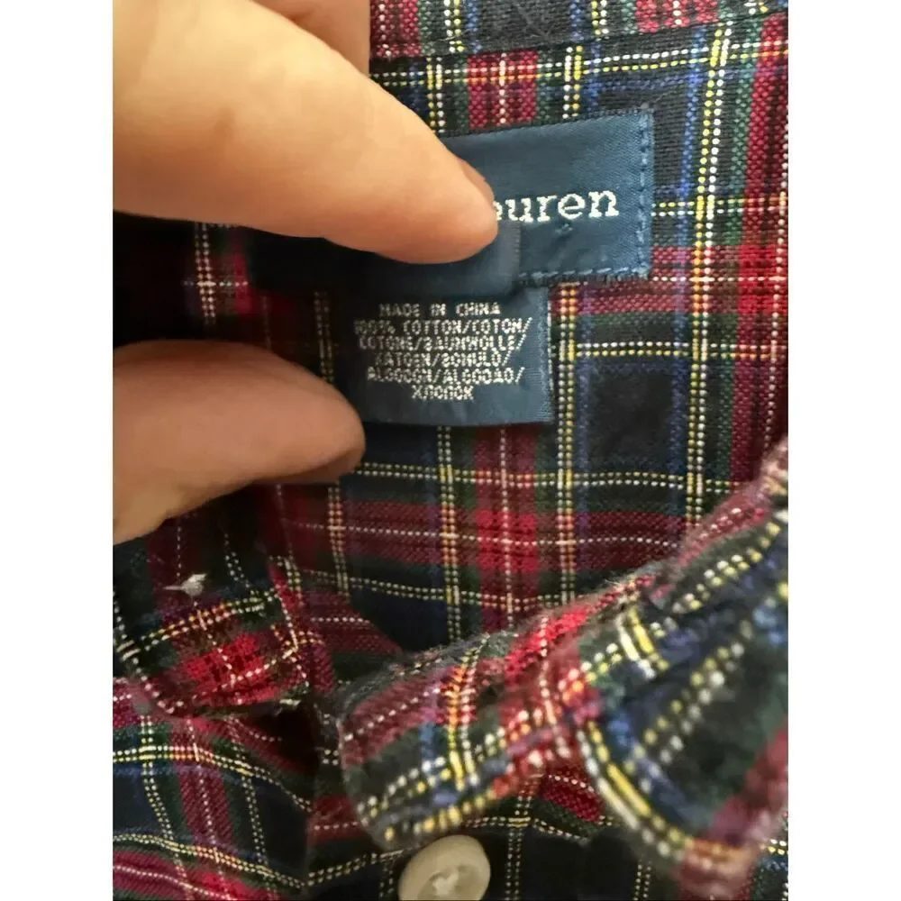 Ralph Lauren Boys Plaid Button Down Shirt M 12/14 Tartan Red Green Blue Holiday